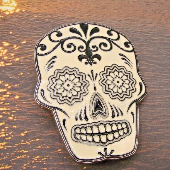 Source Unknown Accessories - Black White Sugar Skull Belt Buckle Metal Streetwear Day of Dead Floral Mexico